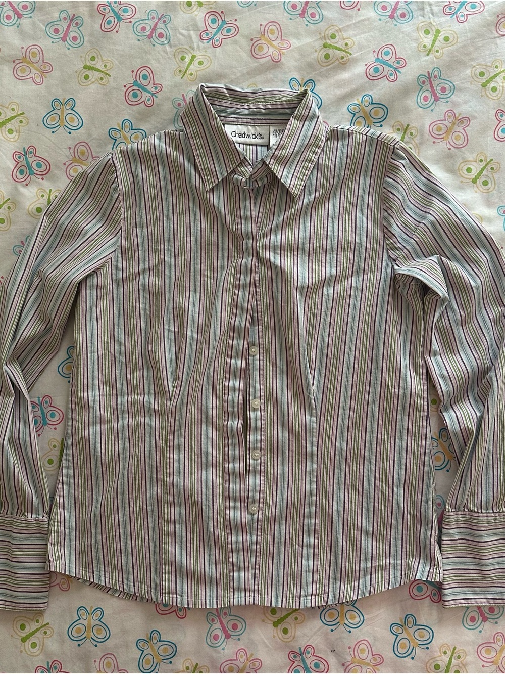 Chadwicks Purple Green Blue $ White Striped Button-Up